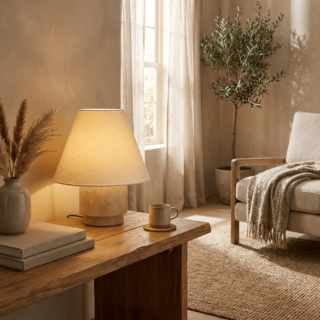 Caldera Travertine Table Lamp with Cotton Linen Shade