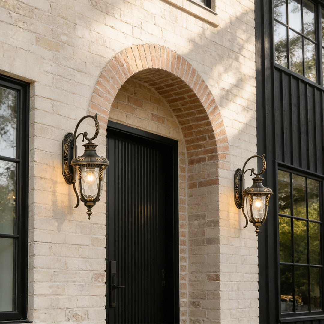 European Vintage Outdoor Wall Lantern in Antique Brass and Clear Glass