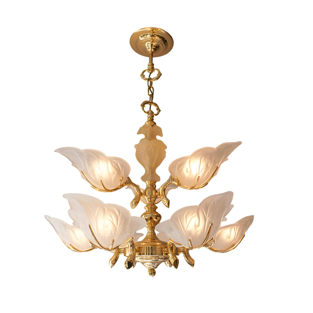 9 Light Italian Chandelier In Brass With Murano Glass Leaves