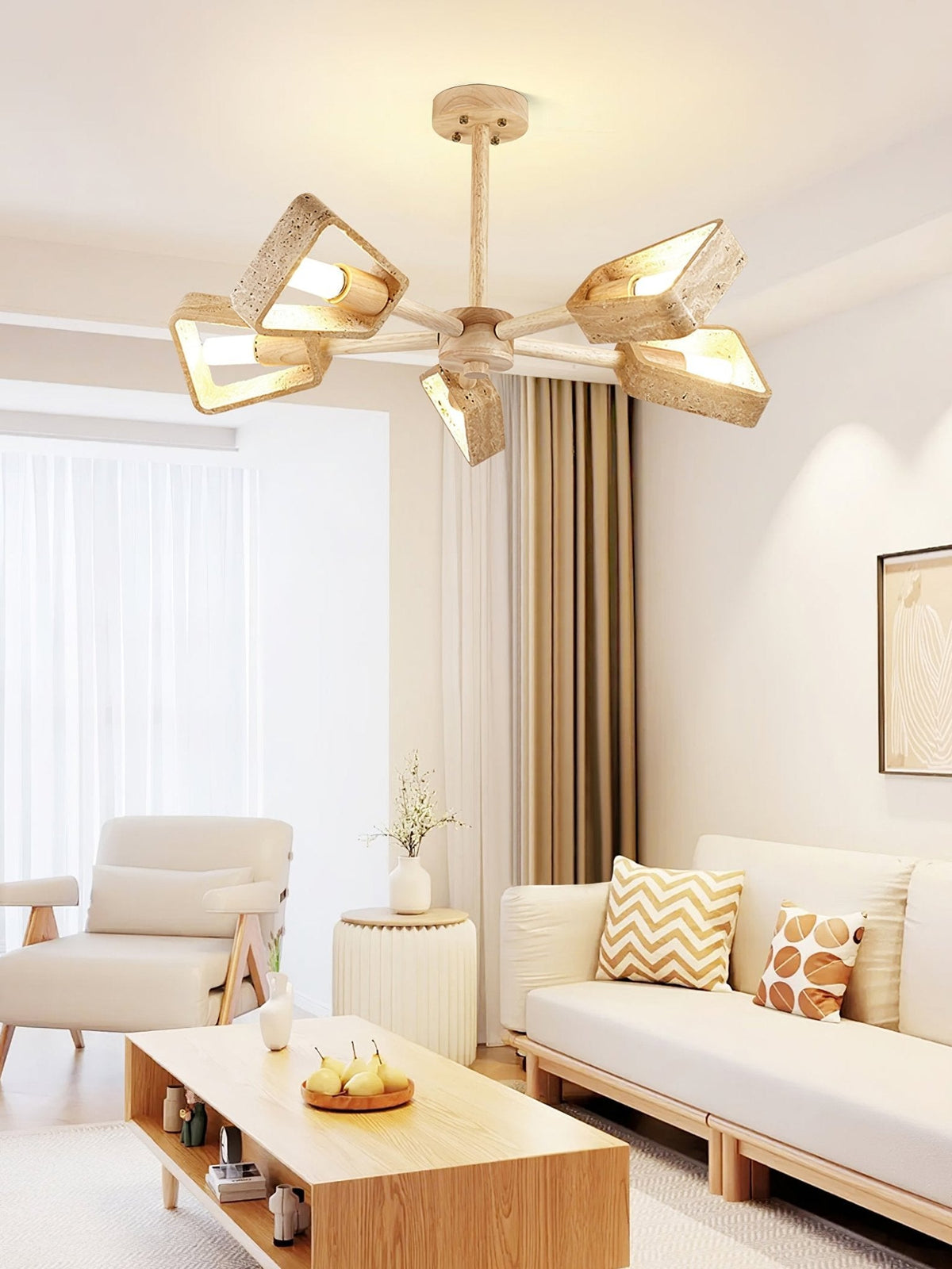 Elementa Travertine Chandelier — Modern Wood & Stone Pendant Light