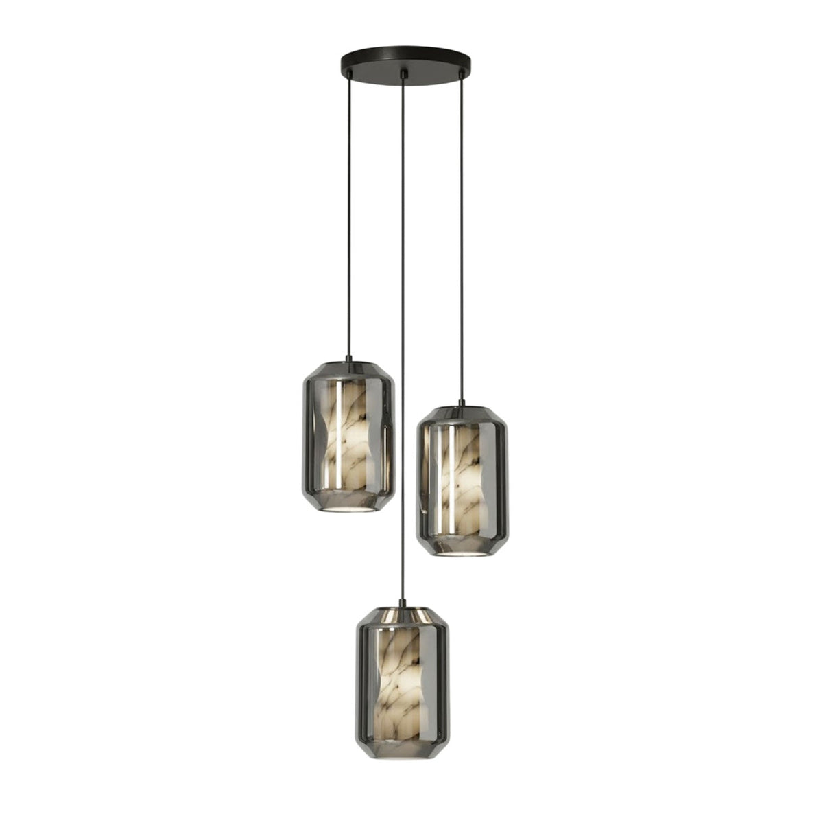Hand-Carved Alabaster Cylinder Pendant Light in Glass Shell