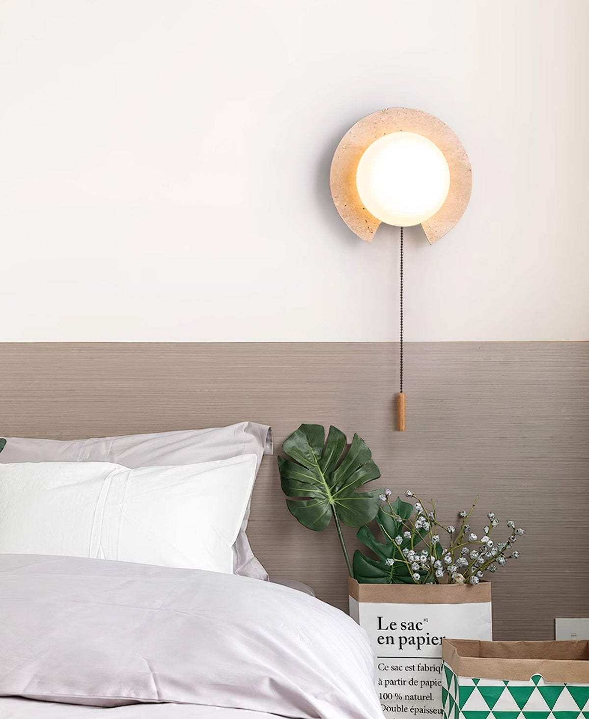 Solclip Travertine Wall Sconce with Pull Chain – Modern Natural Stone Lighting