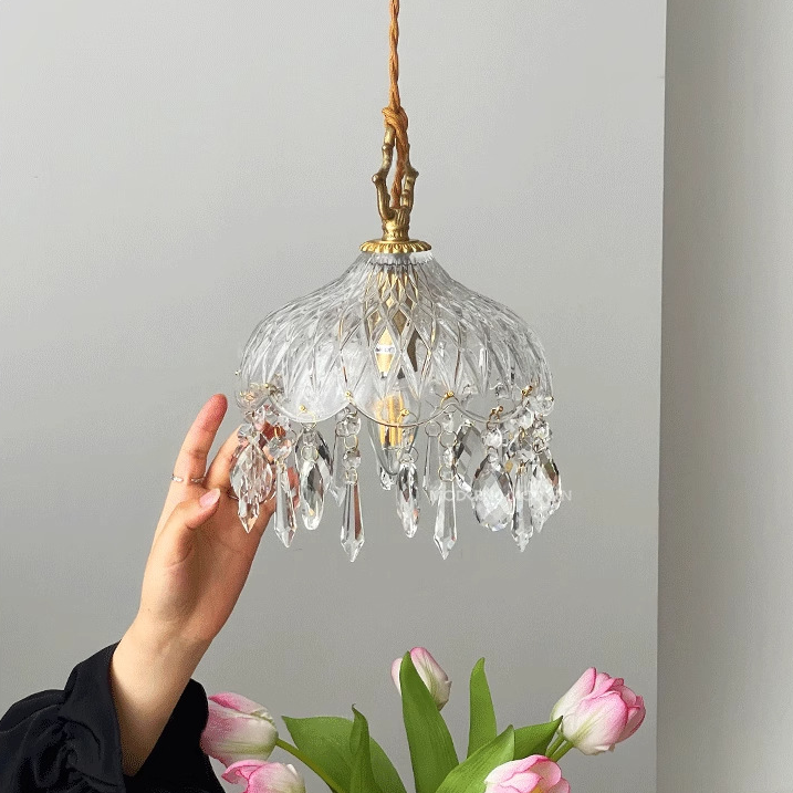All Copper Retro Light Luxury Crystal Glass Small Pendant Lamp