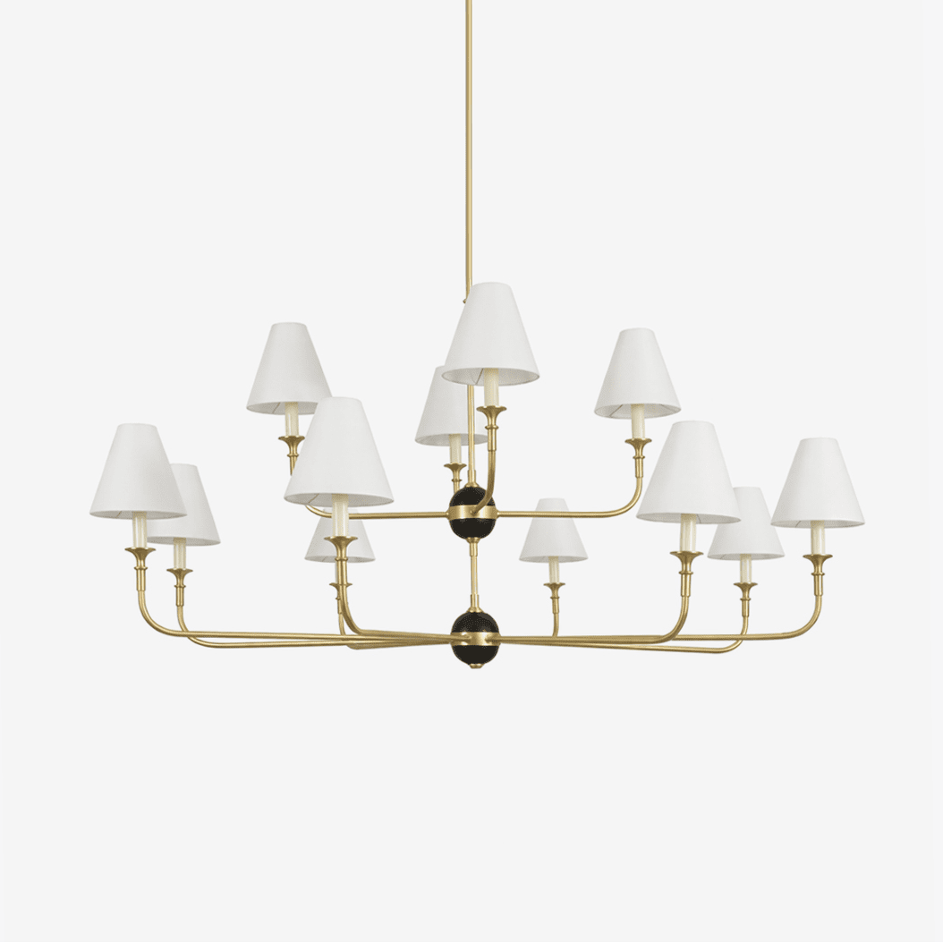 Astris Brass Chandelier – Modern Luxury Ceiling Light with White Fabric Shades