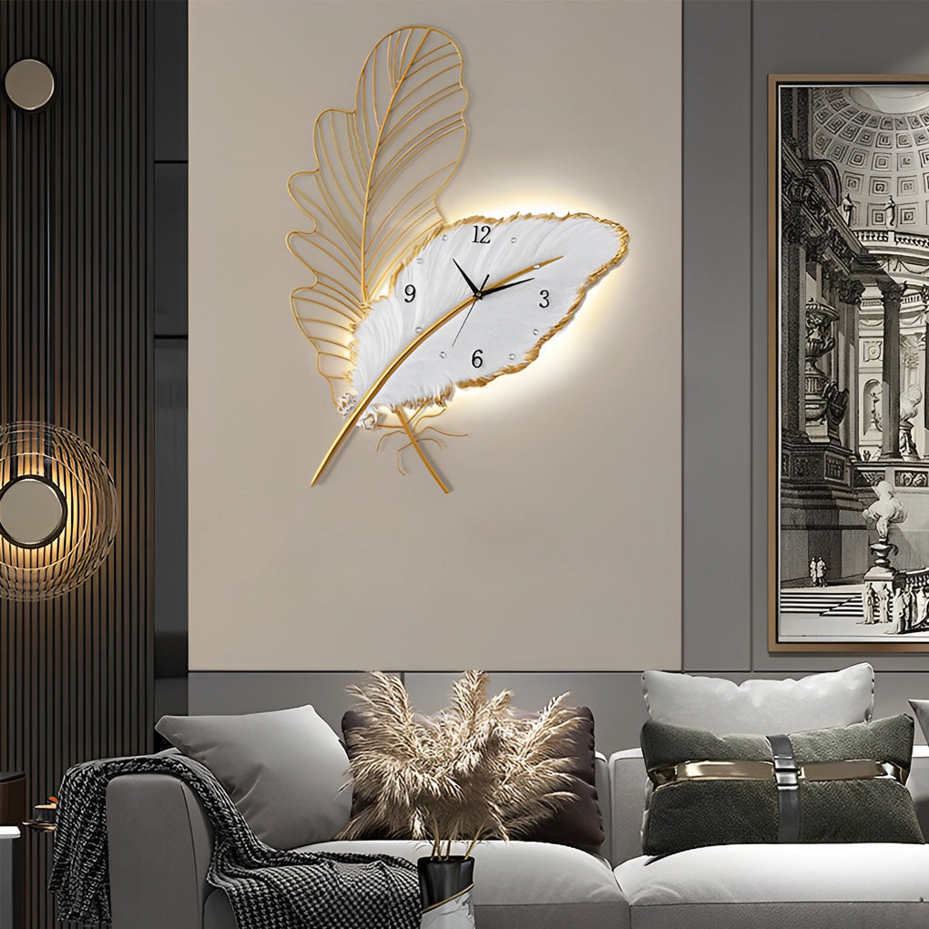 Resin Feather Wall Clock Silent Wall Painting Led Lights Art Decor