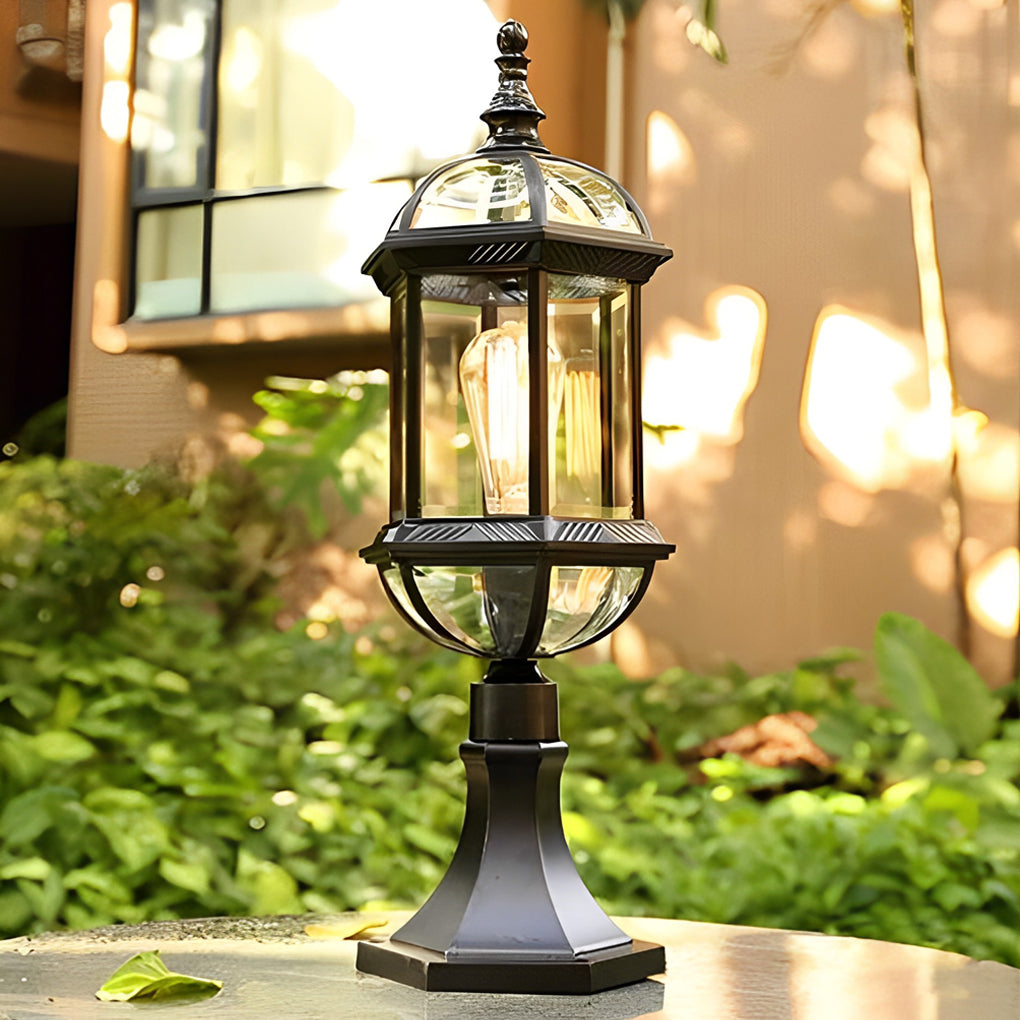 Black Retro Outdoor Post Light with Clear Glass Shade for Garden and Courtyard