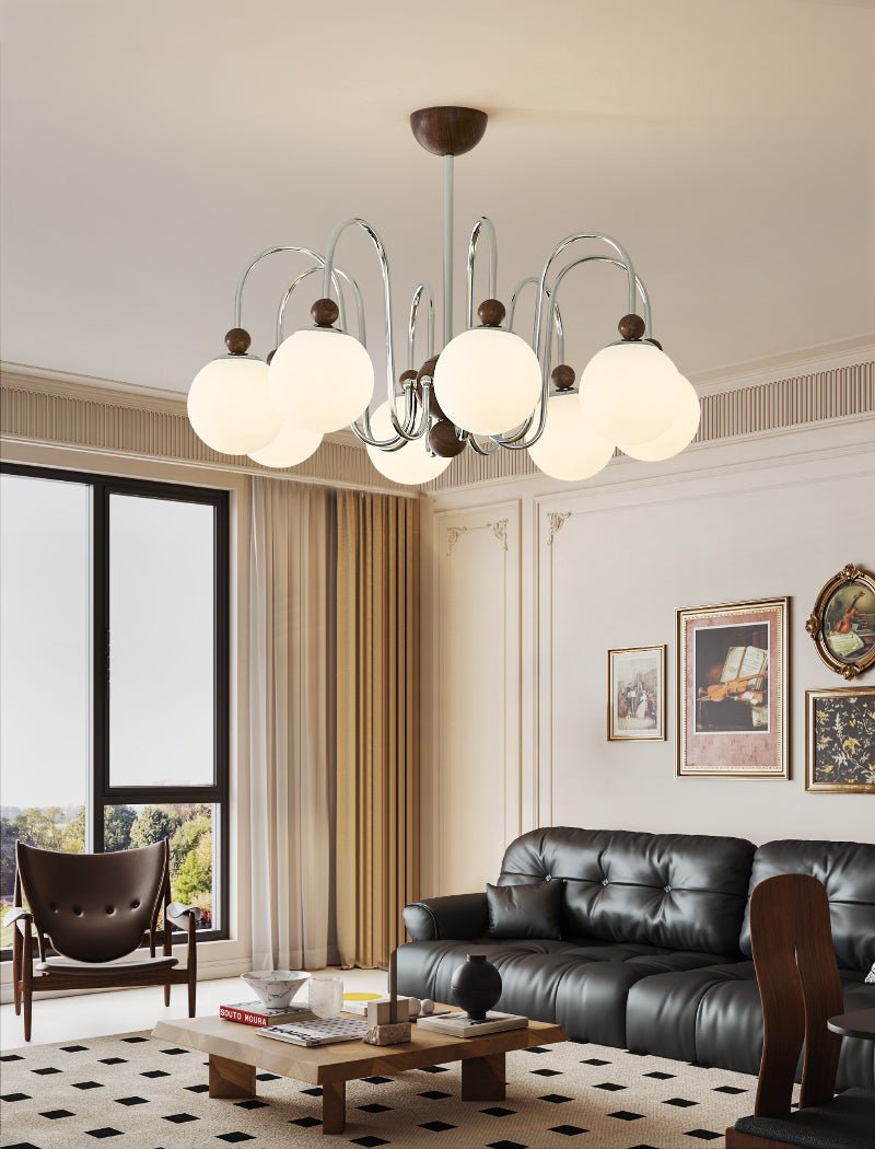 Aurora Loop Modern Chandelier with Walnut Accents and Glass Globes