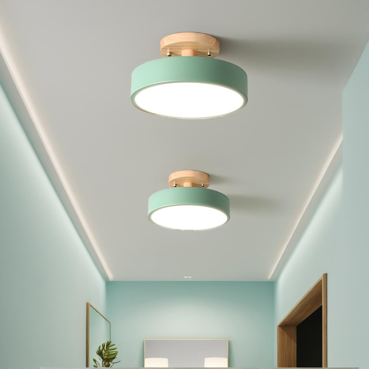Round Semi Flush Wooden Ceiling Light