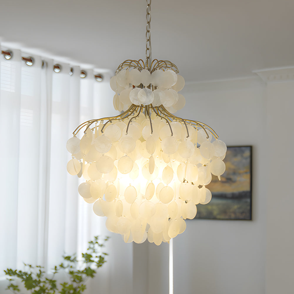 Tiered Capiz Shell Chandelier Elegant French Style Hanging Lighting