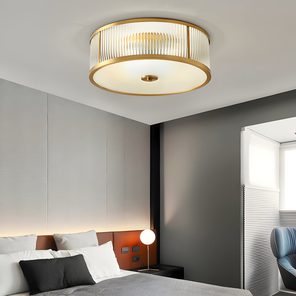Drum Brass Flush Mount Ceiling Light Clear Ribbed Glass Lamp For Bedroom