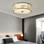 Drum Brass Flush Mount Ceiling Light Clear Ribbed Glass Lamp For Bedroom