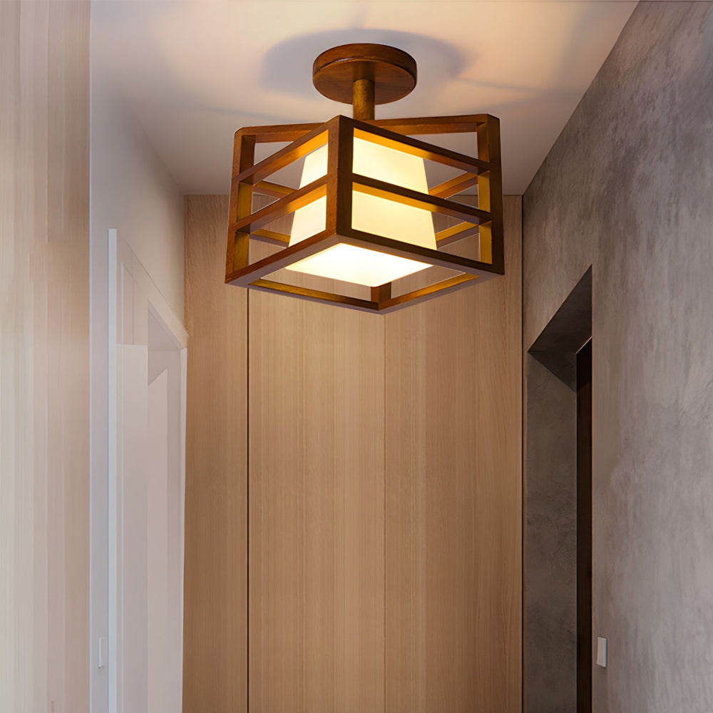 Square Walnut Wooden Frame 1 Light Semi Flush Mount Ceiling Light