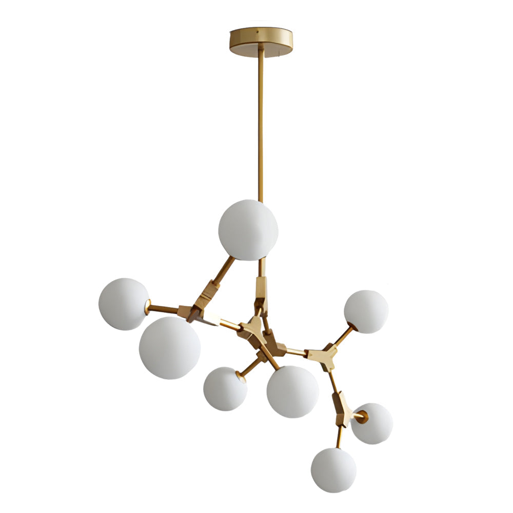 6 8 Light Gold Molecule Chandelier With White Glass Shades