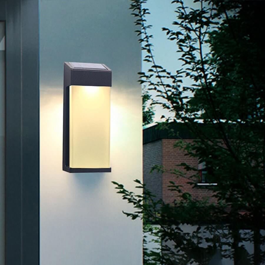 Solar LED Wall Sconce Set of Two in Black with Glass Shade for Modern Outdoor Spaces