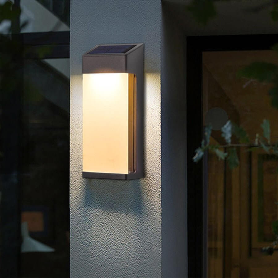 Solar LED Wall Sconce Set of Two in Black with Glass Shade for Modern Outdoor Spaces