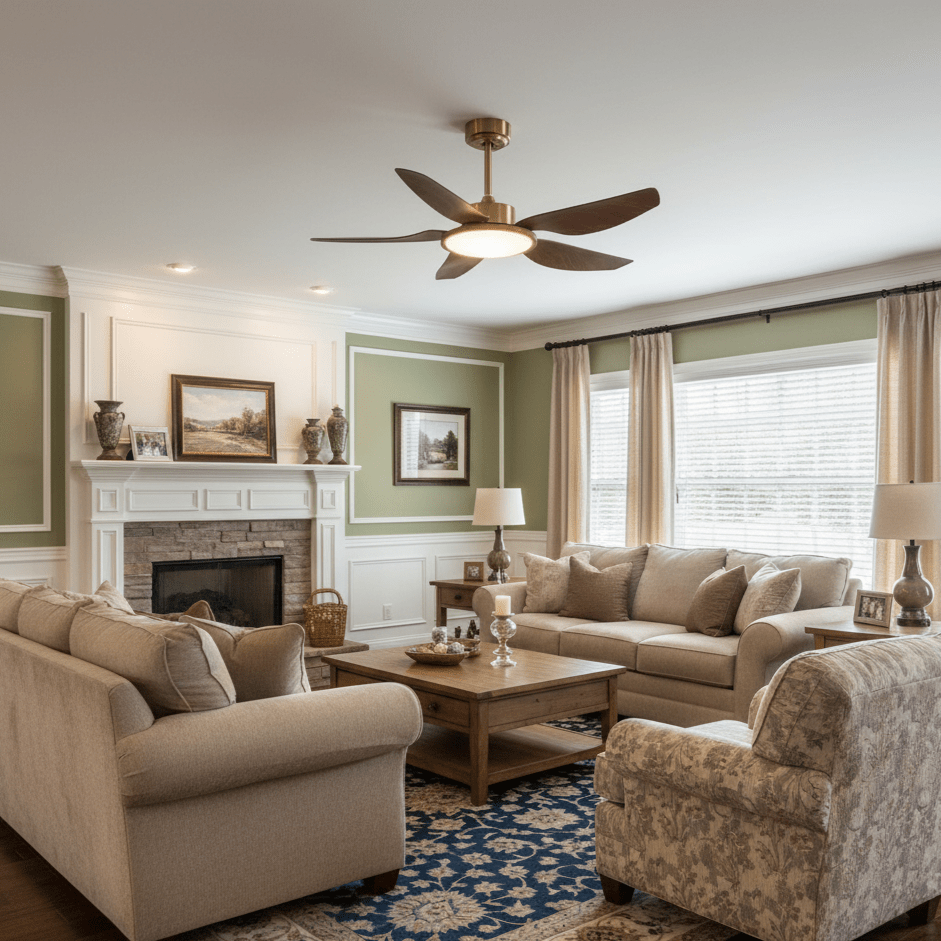 Sirocco Breeze Ceiling Fan with Integrated LED Light, Walnut and Brass, 42"