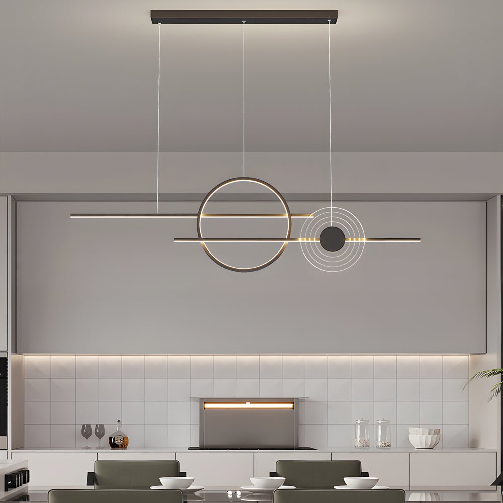 Linear LED Island Chandelier with Ring Accent – Dimmable Modern Pendant for Dining Room