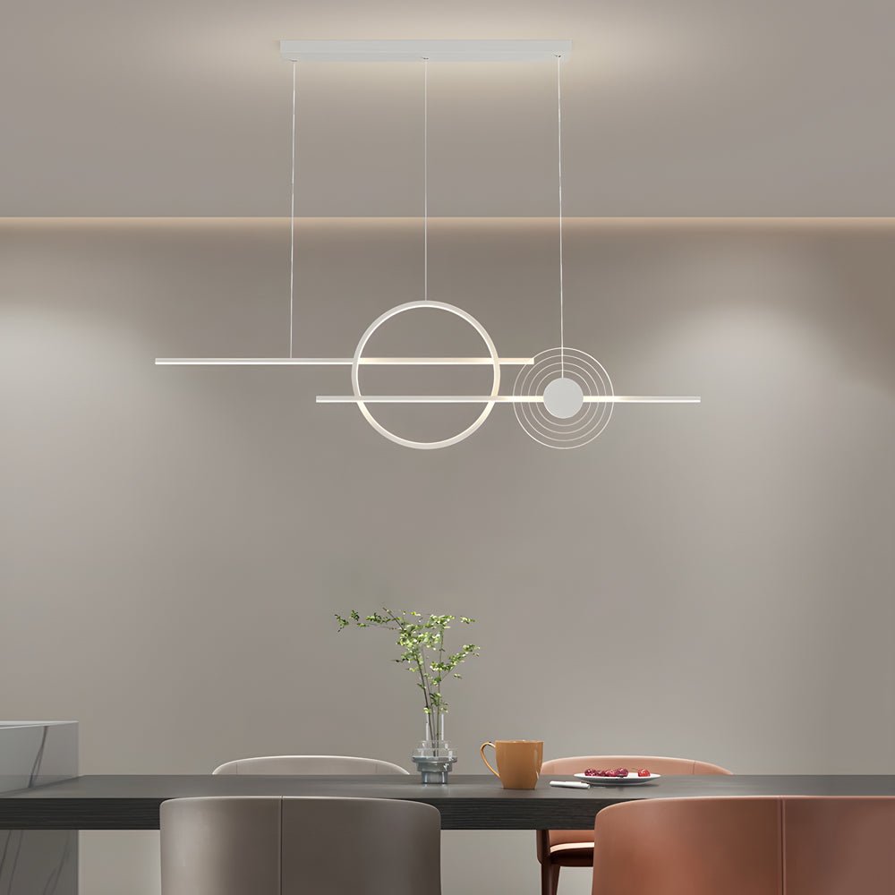 Linear LED Island Chandelier with Ring Accent – Dimmable Modern Pendant for Dining Room
