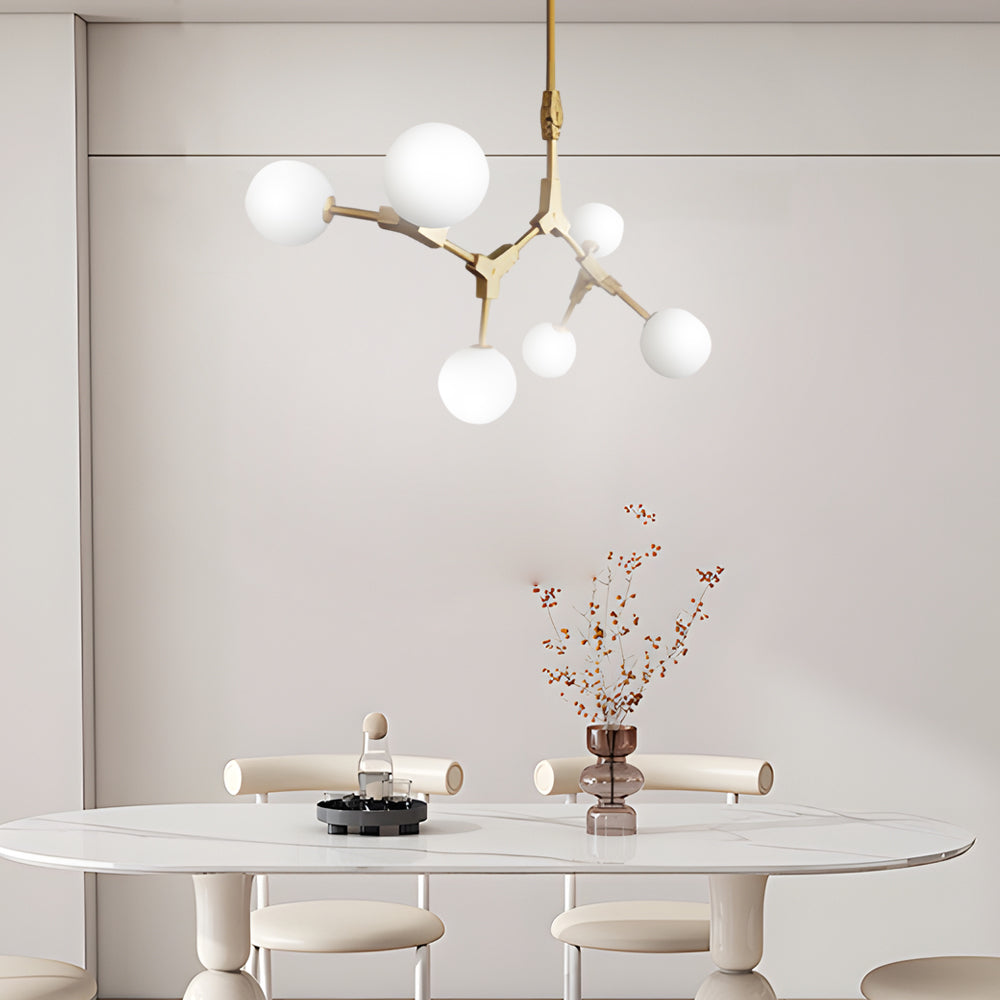 6 8 Light Gold Molecule Chandelier With White Glass Shades