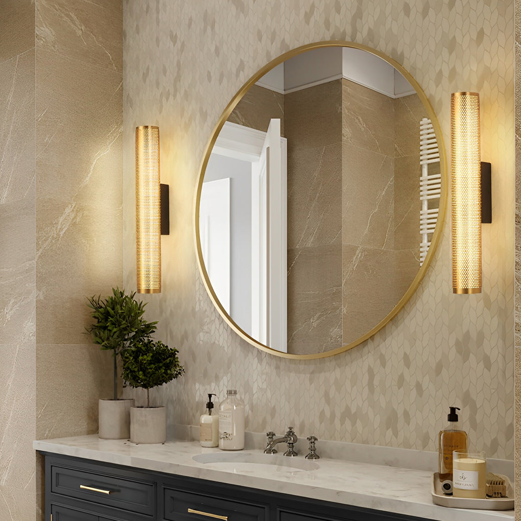 Gold Perforated Cylindrical Bathroom Vanity Light Mesh Design