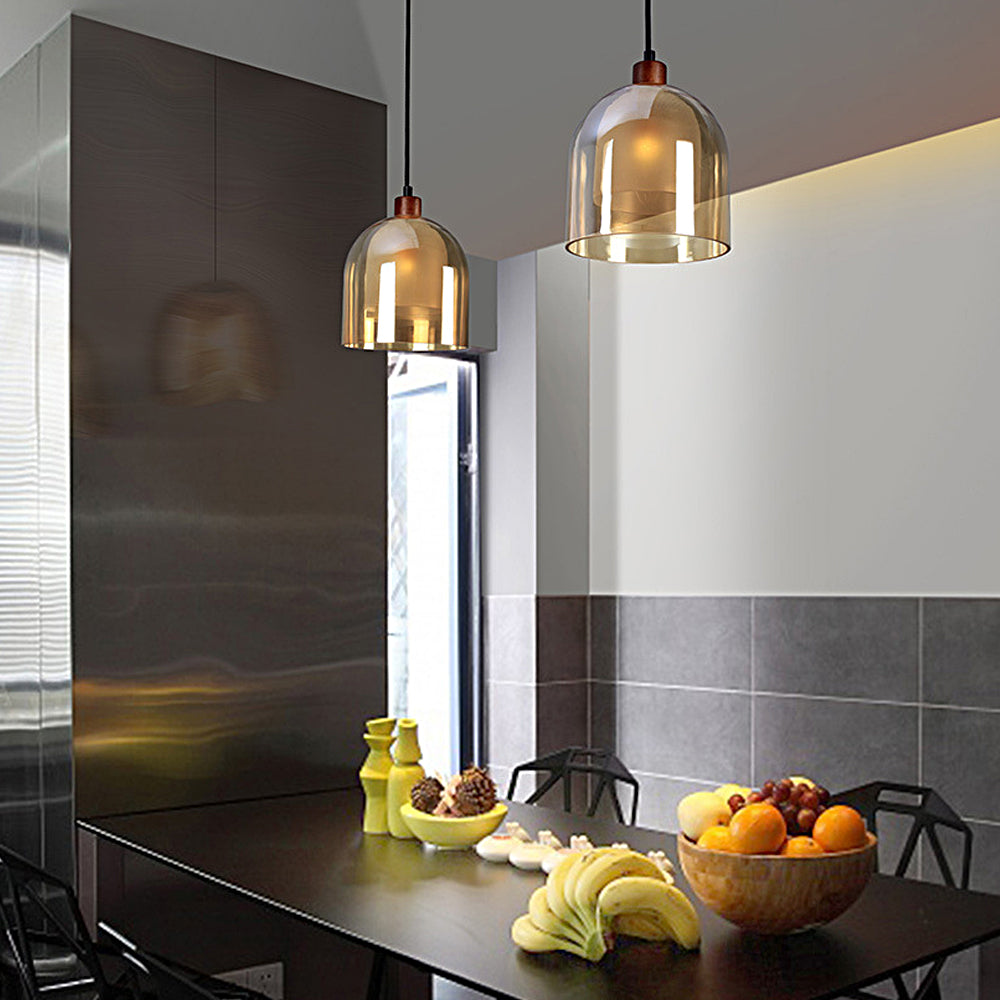 Double Glass Lampshade Wood Brown Pendant Light Li002713