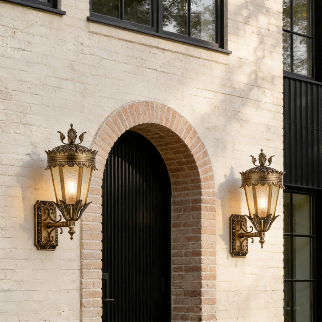 European Vintage Outdoor Wall Lantern in Antique Brass and Clear Glass