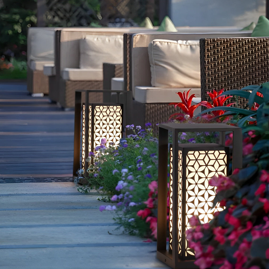 Vintage Galvanized LED Pathway Lights with Floral Lampshade for Garden and Courtyard