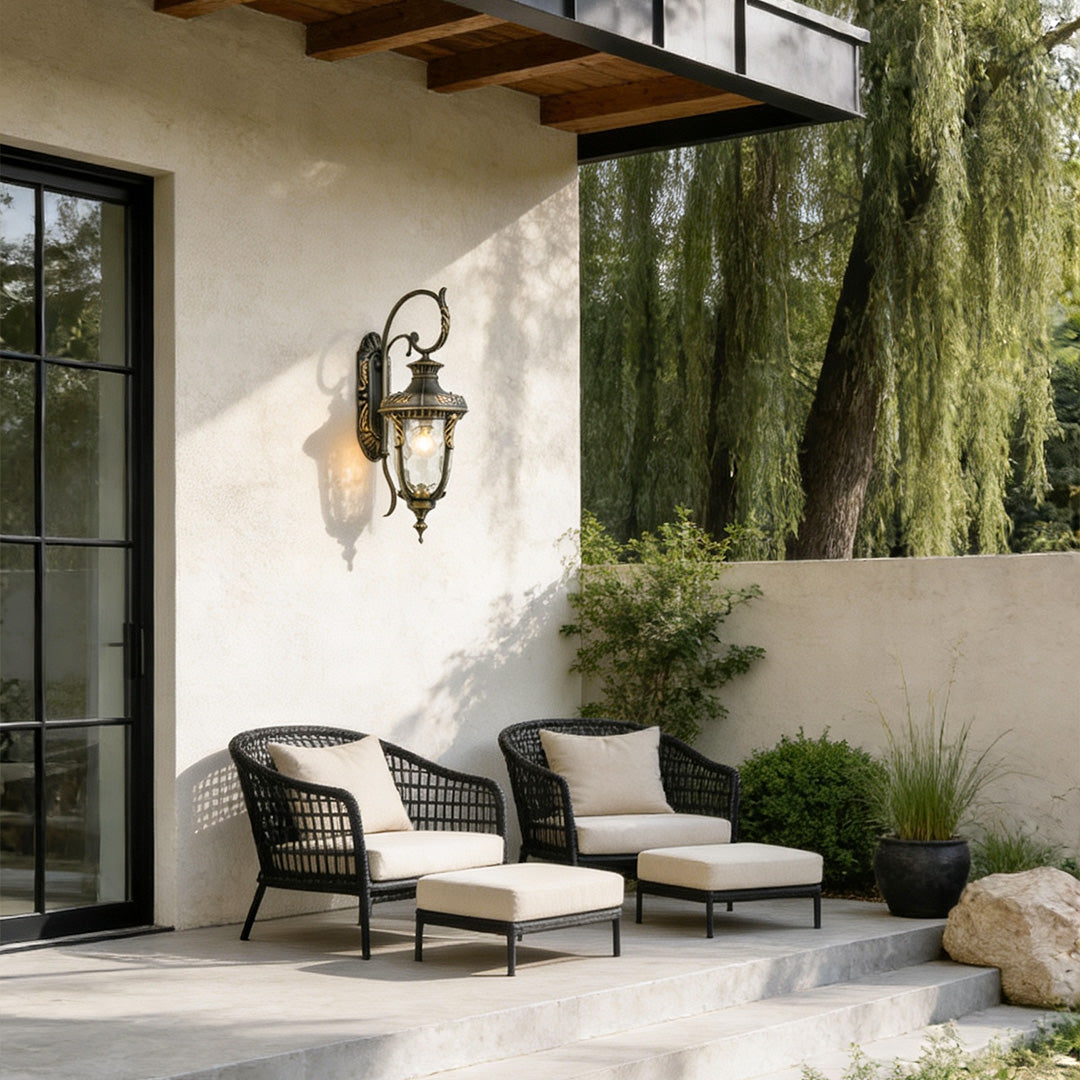 European Vintage Outdoor Wall Lantern in Antique Brass and Clear Glass