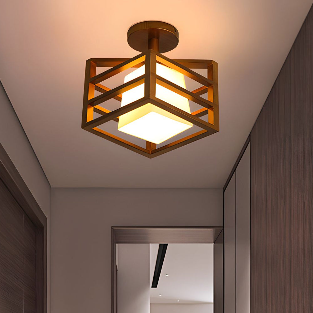 Square Walnut Wooden Frame 1 Light Semi Flush Mount Ceiling Light