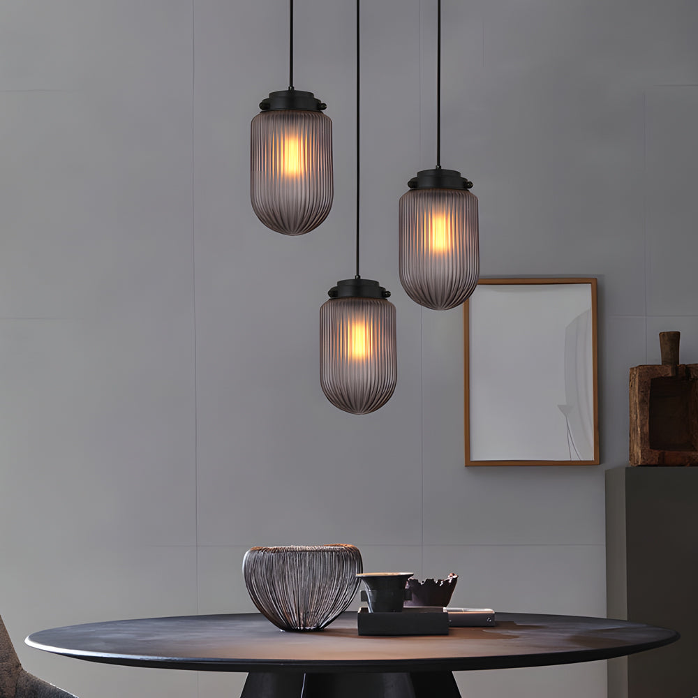 Modern Pinecone Shape Ribbed Glass Shade 1 Light Pendant In Smoke Gray