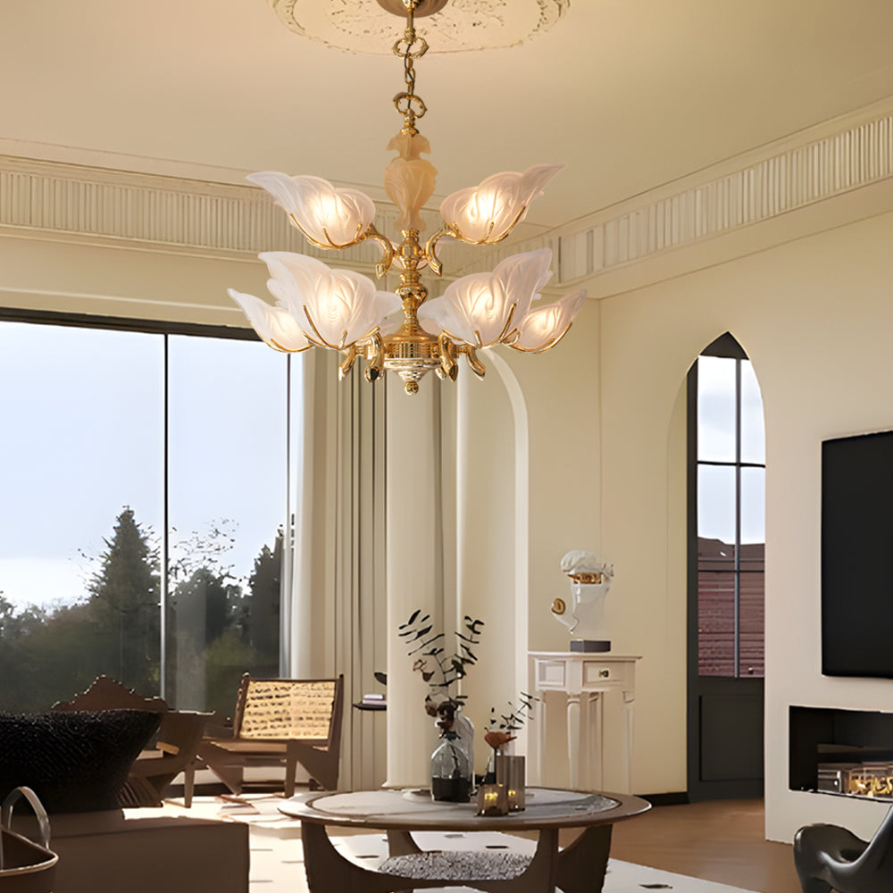 9 Light Italian Chandelier In Brass With Murano Glass Leaves