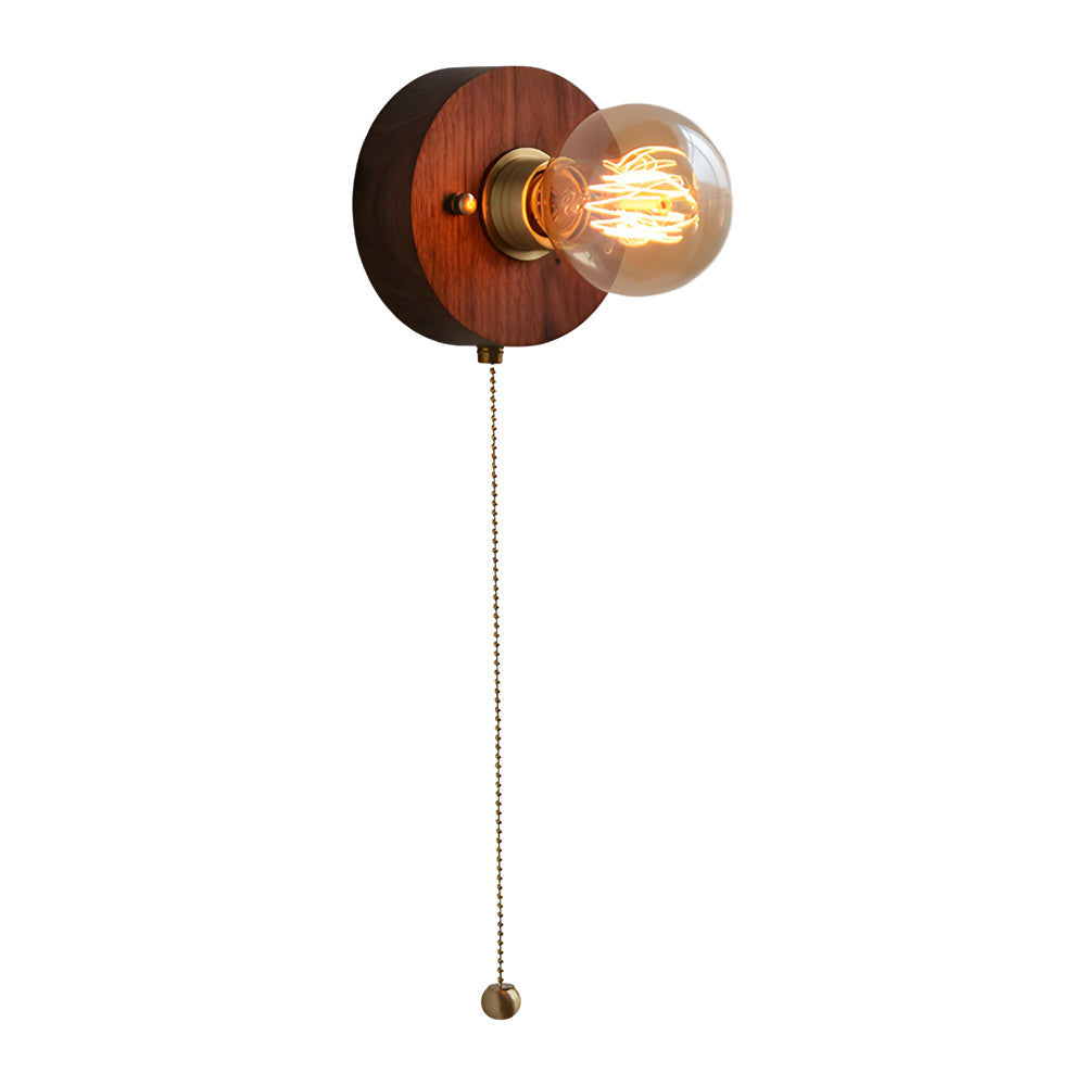 Round Square Vintage Walnut Wood Wall Lamp 1 Light With Pull Chain Switch