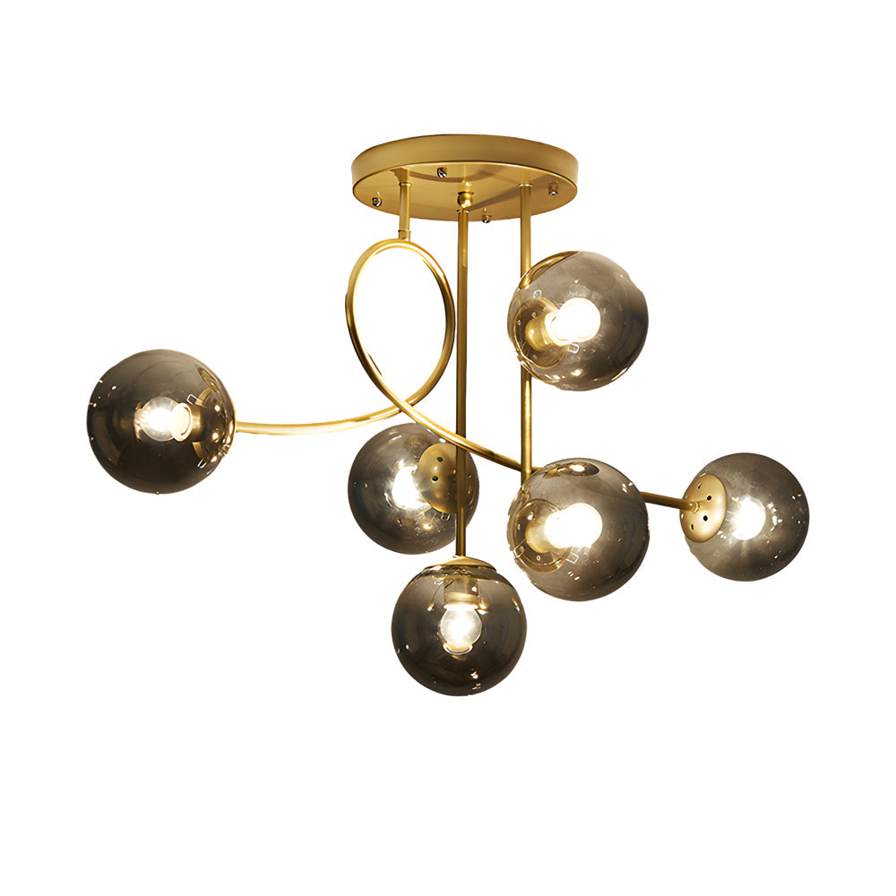 Modern 6 Light Gold Black Semi Flush Mount Chandelier With Glass Shade