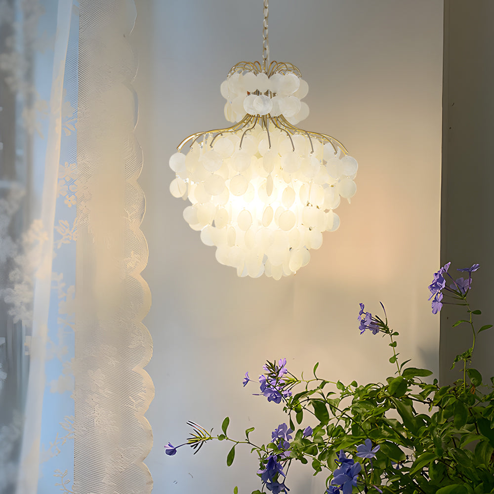 Tiered Capiz Shell Chandelier Elegant French Style Hanging Lighting