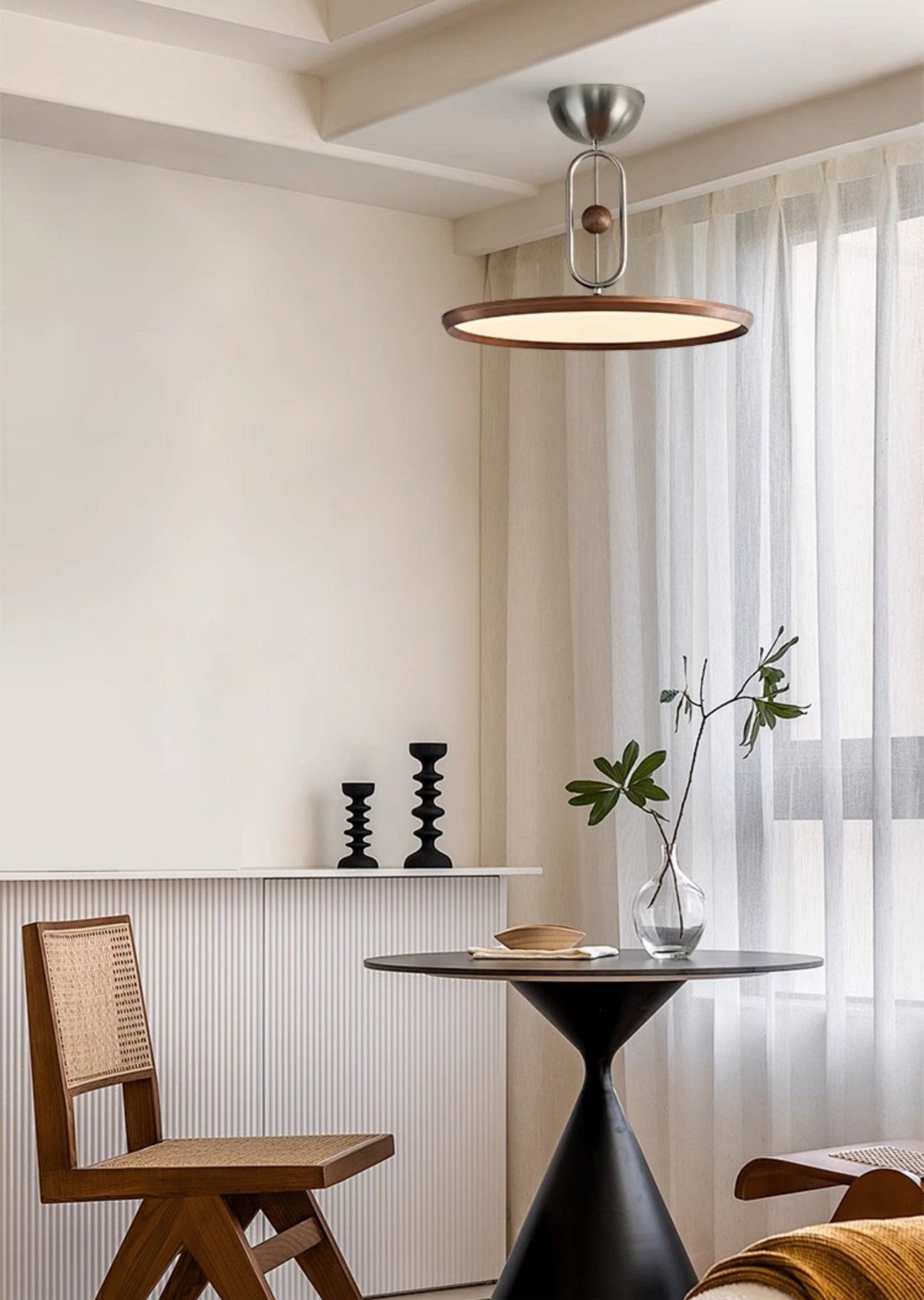 Orbito Semi Flush Ceiling Light in Walnut Wood Grain and Nickel