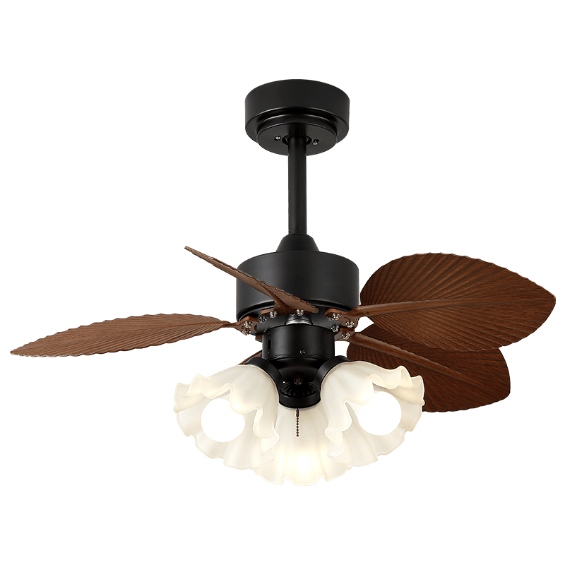 Floriva Leaf Ceiling Fan Light with Wood Blades and Frosted Glass Shade