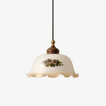Art Deco Floral Glass Pendant Light with Walnut and Brass Accents