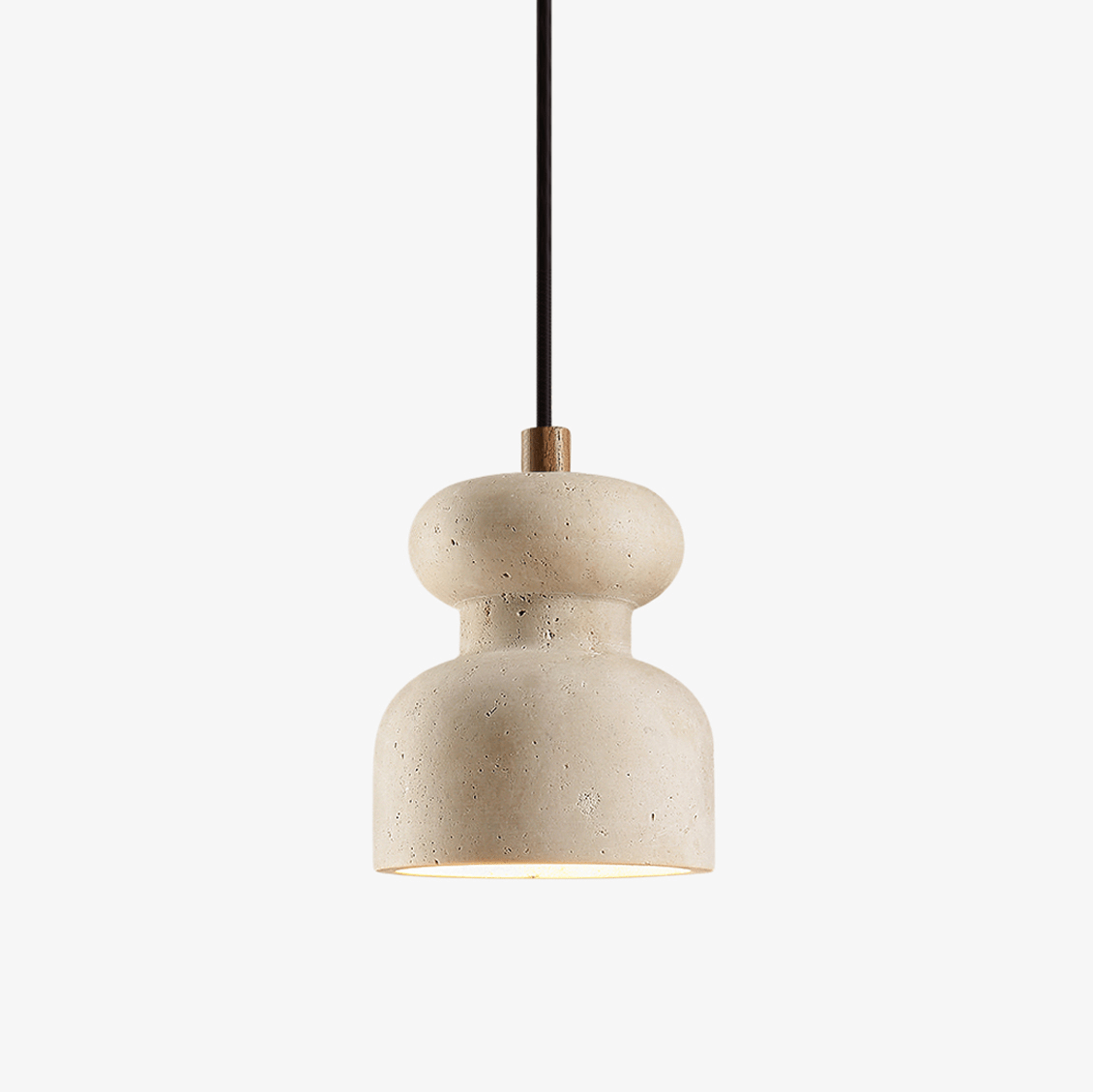 Travertine Gourd Pendant Light — Natural Stone, Walnut Accent
