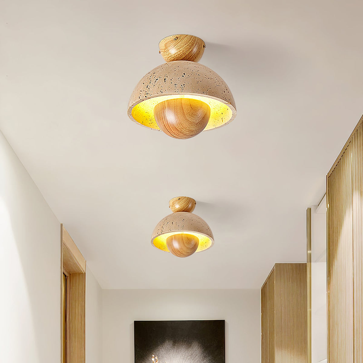 Nerio Travertine Dome Ceiling Light with Wooden Accent
