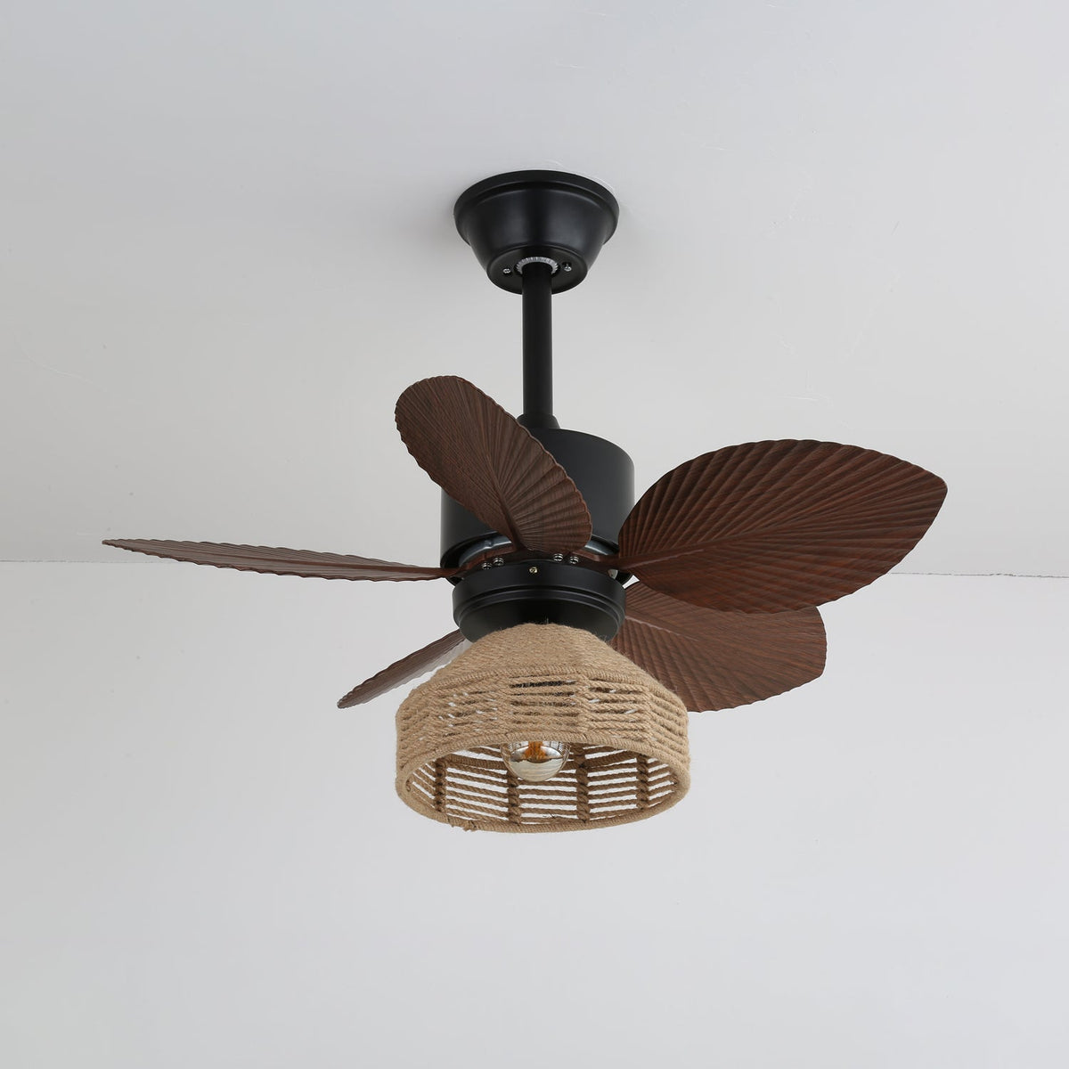 Flora Designer Ceiling Fan Light with Natural Wood Blades and Woven Shade