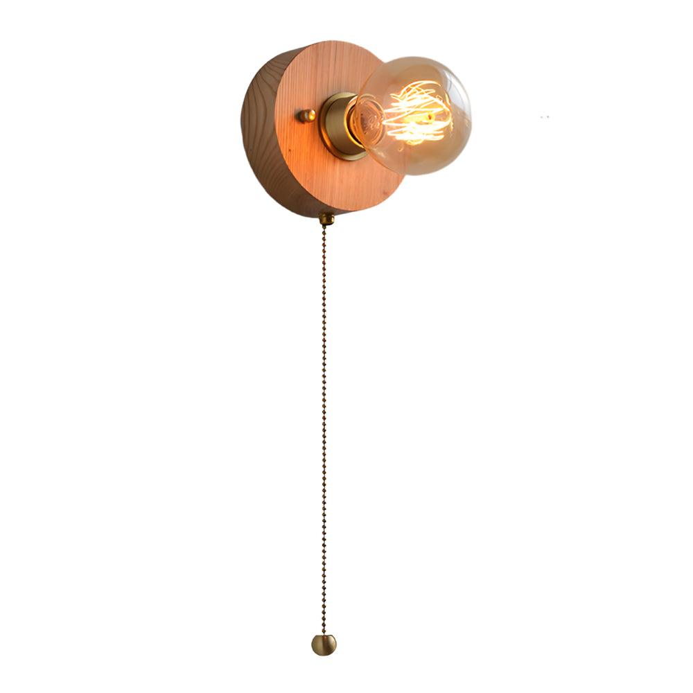 Round Square Vintage Walnut Wood Wall Lamp 1 Light With Pull Chain Switch