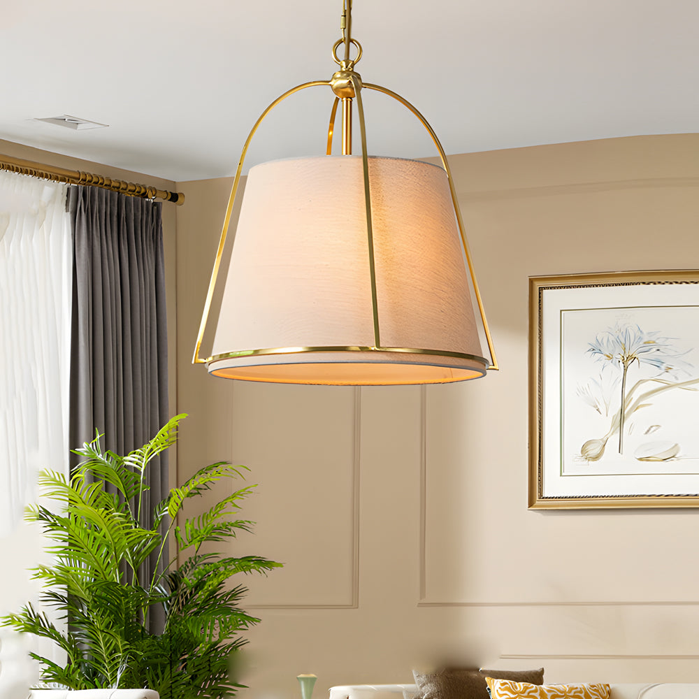 Trapezoid 13 8 Wide Pendant Gold Fixture With White Fabric Shade