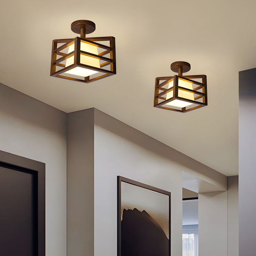 Square Walnut Wooden Frame 1 Light Semi Flush Mount Ceiling Light