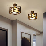 Square Walnut Wooden Frame 1 Light Semi Flush Mount Ceiling Light