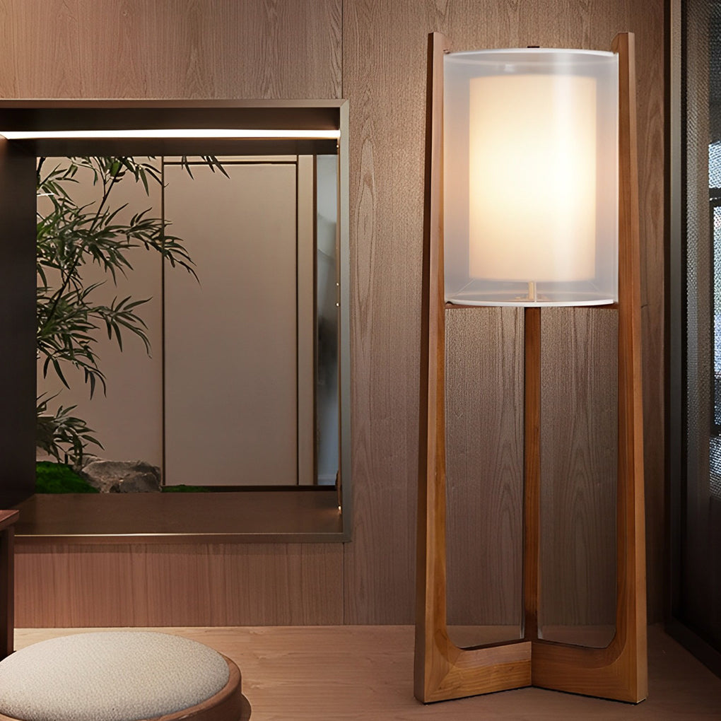 Rustic Japanese Style Wood Standing And Double Shaded Led Floor Lamp