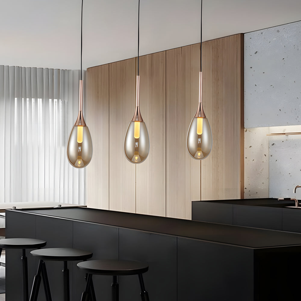 Modern 1 Light Led Teardrop Glass Pendant Light In Amber Smoke Gray