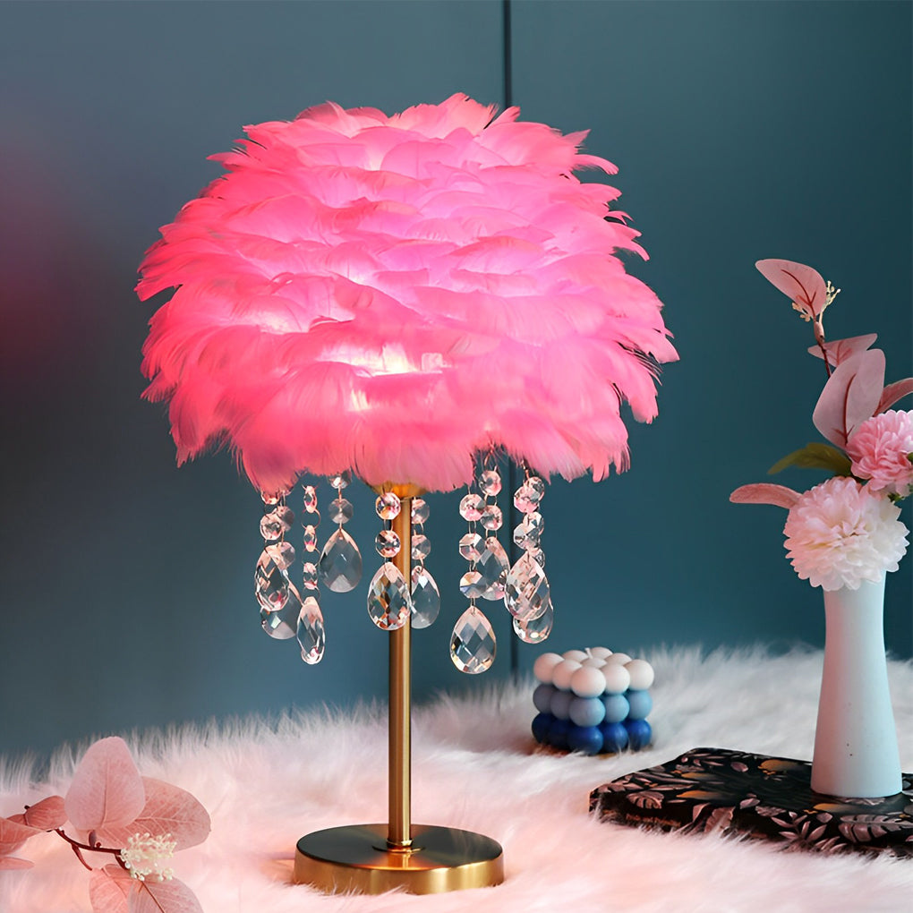 Led Feather Table Lamp With Ambient Crystal Tassels Lighting
