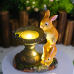Artisan Resin Rabbit Solar Garden Lantern with Warm LED Glow