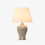 Artisan Ceramic Table Lamp with Patterned Vase Base and Beige Linen Shade