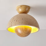 Nerio Travertine Dome Ceiling Light with Wooden Accent
